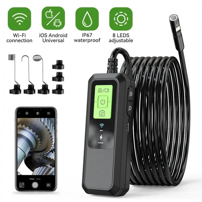 Эндоскоп для смартфона 2 камеры 8мм 5м Андроид Айфон Wifi гибкий технический видеоскоп