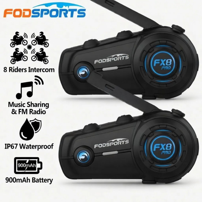 Мотогарнитура для шлема 2 шт Fodsports FX8 PRO v2.1, Bluetooth, шумоподавление, 8 райдеров, до 2000 м